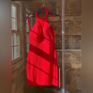Vibrant glittery backless/sleeveless red dress with a halter neckline.